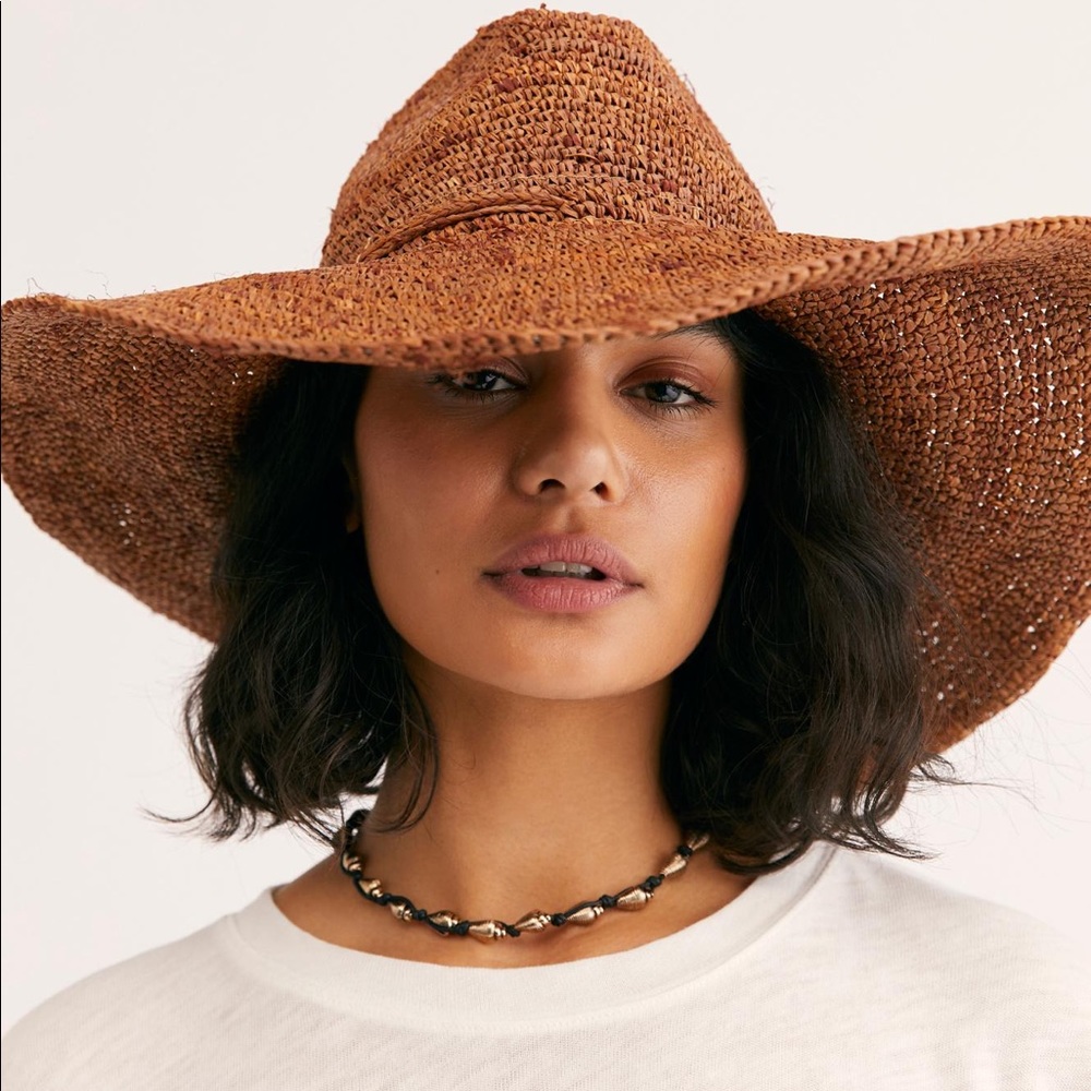Free People Wide-Brim Straw Sun Hat in Rust Brown